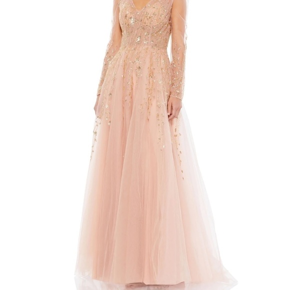 NWT Mac Duggal 20295 Embellished V Neck Long Sleeve A Line Gown Pink Size 16 - Picture 4 of 12